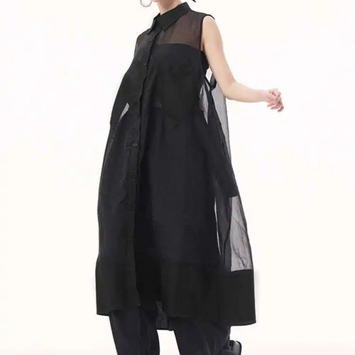 Load image into Gallery viewer, Women Black Mesh Perspective Big Size Long Shirt Dress New Lapel Sleeveless Fashion Tide Spring Summer 2025 1DH9517
