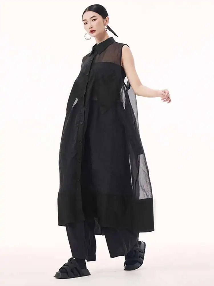 Women Black Mesh Perspective Big Size Long Shirt Dress New Lapel Sleeveless Fashion Tide Spring Summer 2025 1DH9517