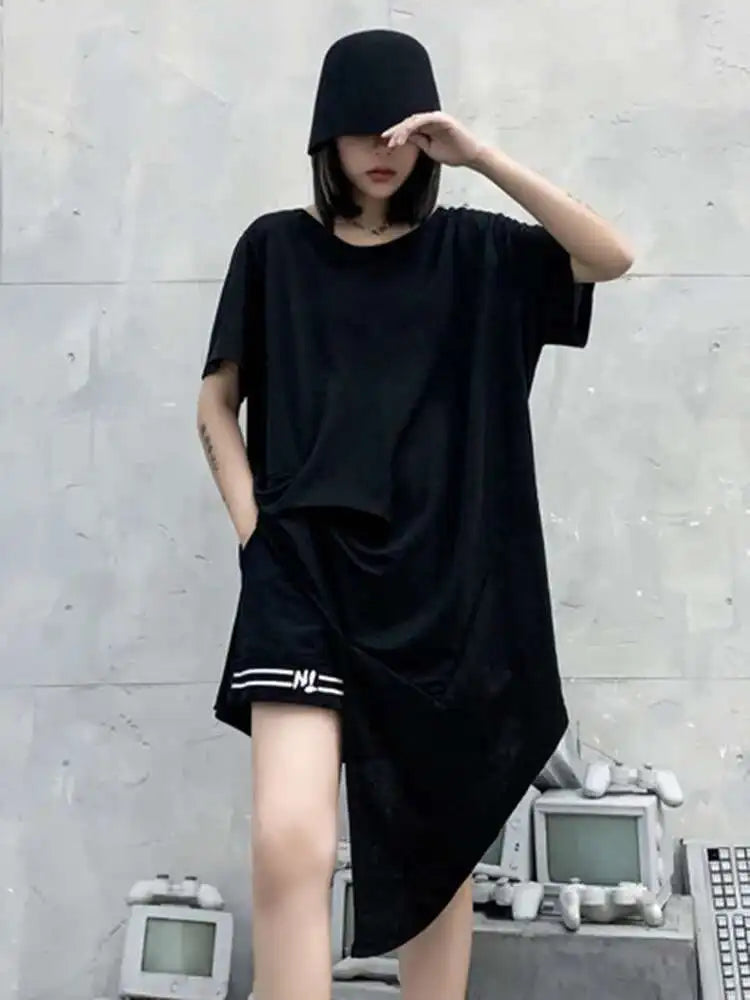 Women Black Asymmetric Hem Casual Big Size T-shirt New Round Neck Short Sleeve Fashion Tide Spring Summer 2025 1DF4786