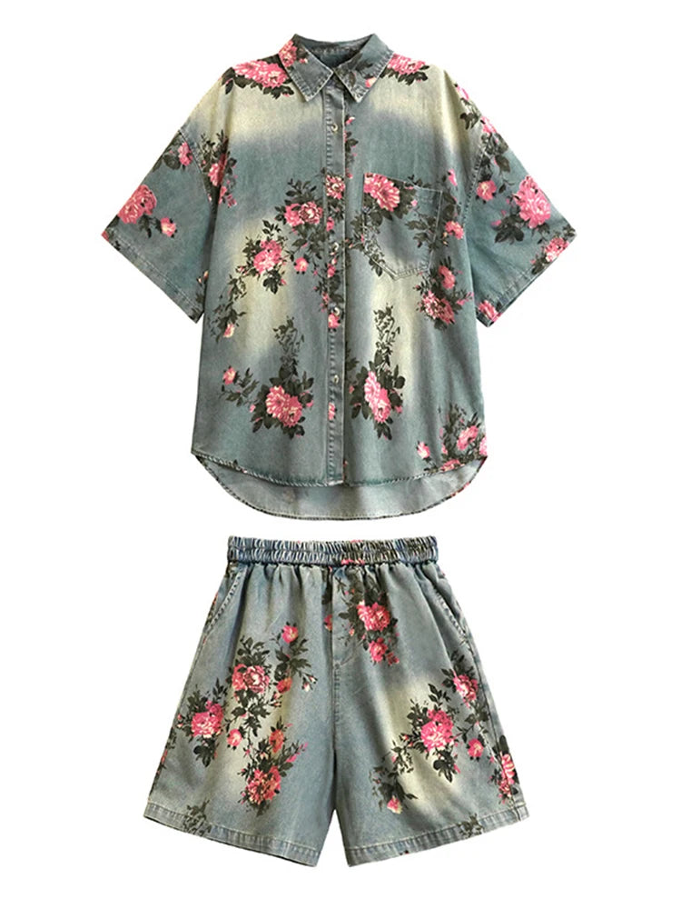 Blue Denim Shirt Wide Leg Shorts Two Piece Suit New Lapel Short Sleeve Women Fashion Tide Spring Summer 2025 1DH6138