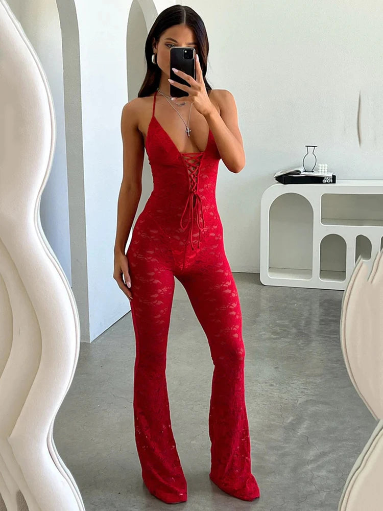 Sexy Lace Hollow Out Jumpsuit for Women, Backless, Tight, Transparent, Slim Fit, Nightclub, Party, Nightclub, 2024