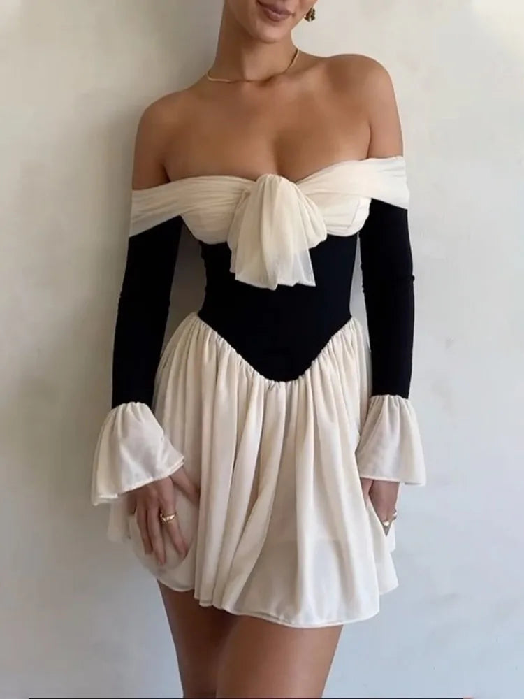 Elegant Strapless Backless Sexy Mini Dress For Women New Off-shoulder Long Flare Sleeve Pleated Club Party Dress
