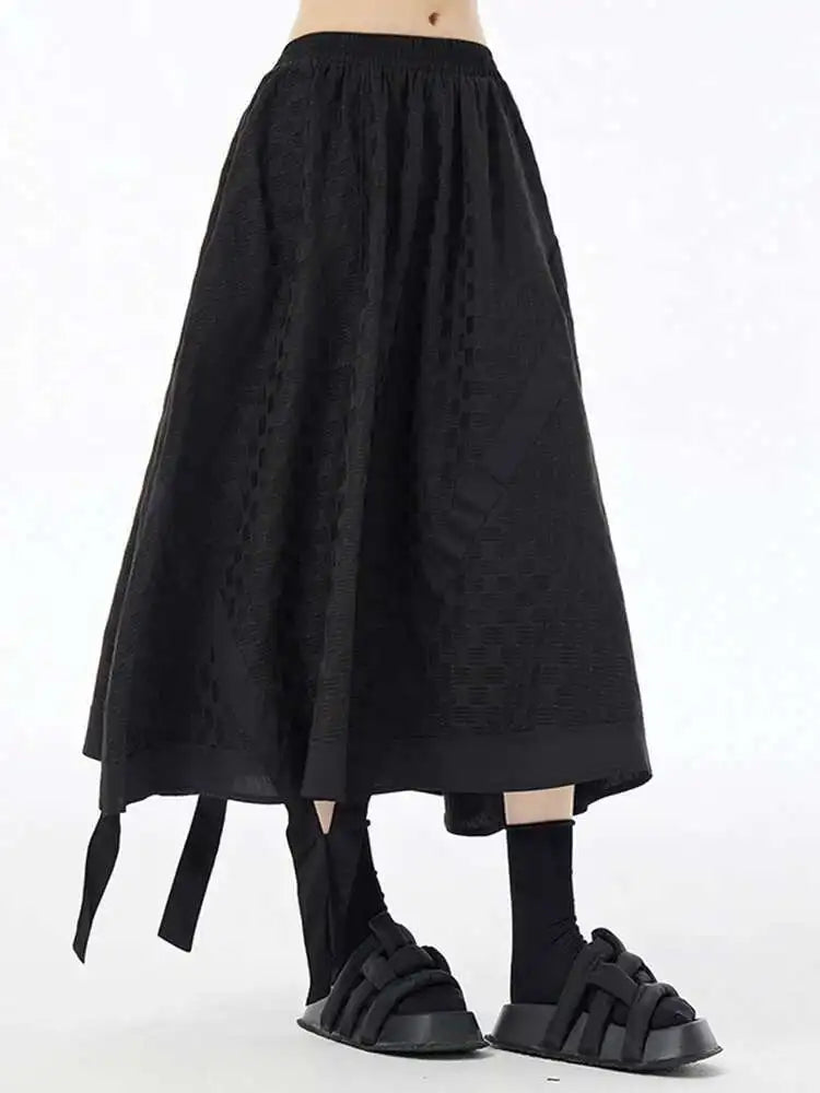 High Elastic Waist Black Tie Dye Ribbons Spliced A-line Half-body Skirt Women Fashion Tide New Spring Autumn 2025 1DH6608