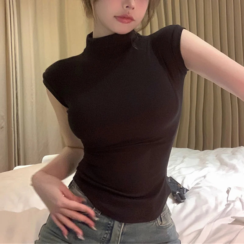 y2k Tops Women Summer Clothes Solid Color Slim Fit Mock Neck Sleeveless T Shirts 2000s Aesthetic Clothing Streetwear