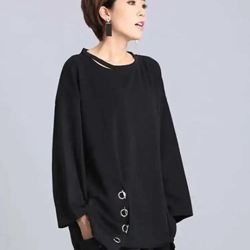 Load image into Gallery viewer, Spring Summer  Black Full Sleeve O Collar Split Pullover Personality Women Fashion Tide Loose Casual T-shirt OA881
