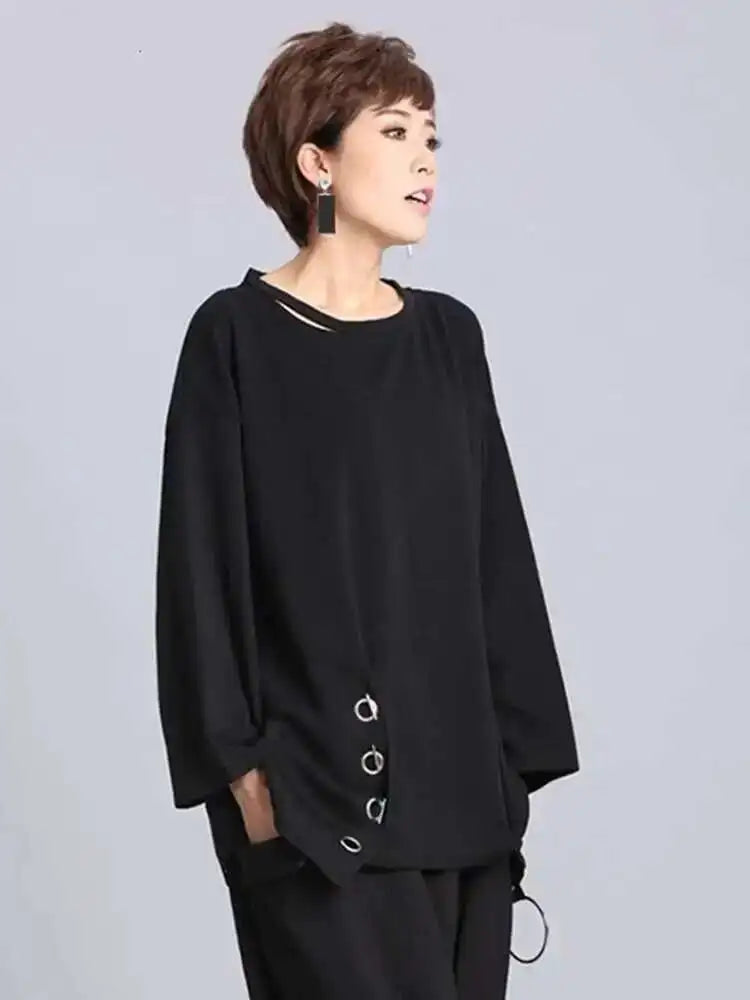 Spring Summer  Black Full Sleeve O Collar Split Pullover Personality Women Fashion Tide Loose Casual T-shirt OA881