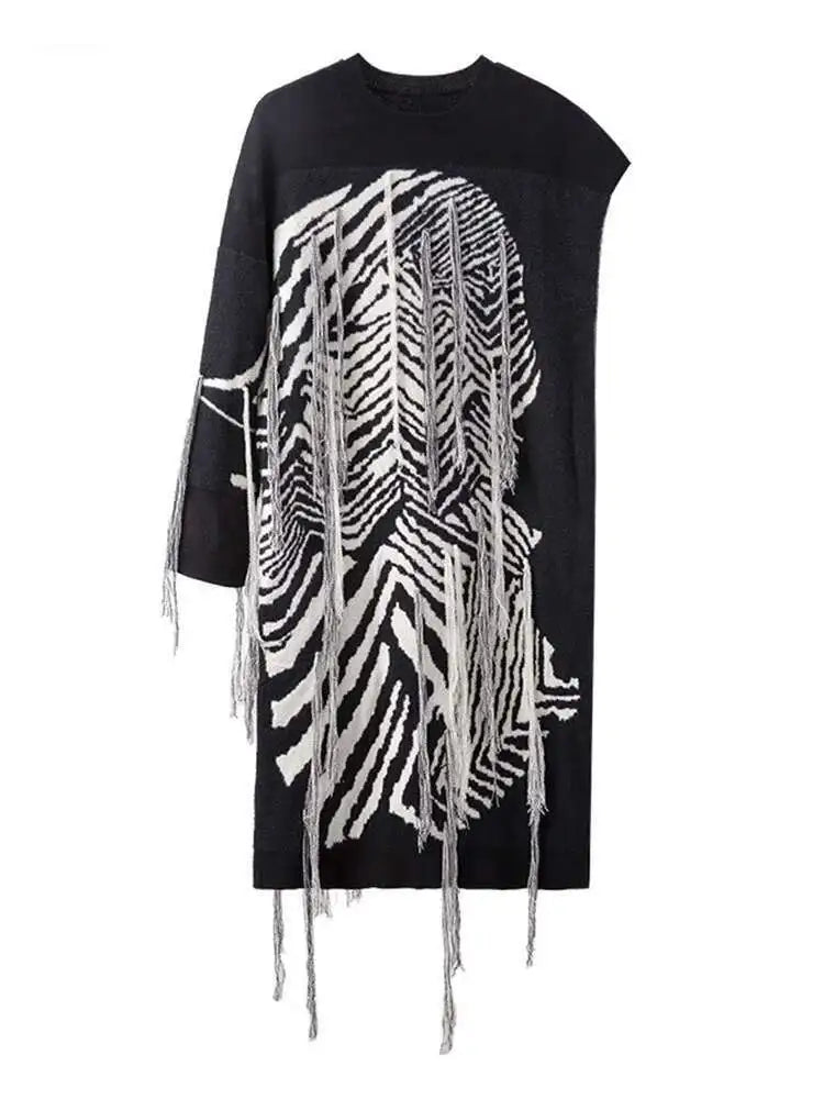 Women  Knitting Striped Tassels Big Size Dress New Round Neck Long Sleeve Loose Fit Fashion Tide Spring Autumn 2025 SG592