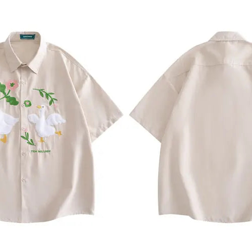 Load image into Gallery viewer, Harajuku Men Shirts Funny Embroidery Flower White Duck Goose Patch Short Sleeve Blouse Summer Loose Button Up Shirt Streetwear
