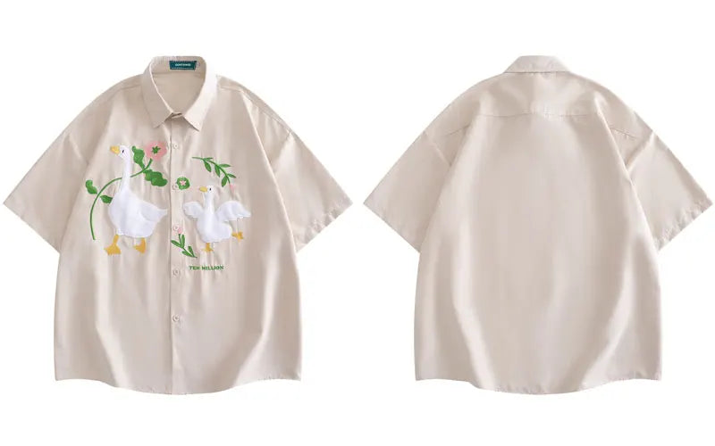 Harajuku Men Shirts Funny Embroidery Flower White Duck Goose Patch Short Sleeve Blouse Summer Loose Button Up Shirt Streetwear