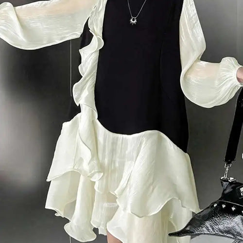 Load image into Gallery viewer, Women Black Ruffles Color-block Big Size Knee-Length Dress New Round Neck Long Sleeve Fashion Spring Autumn 2025 1DH7239
