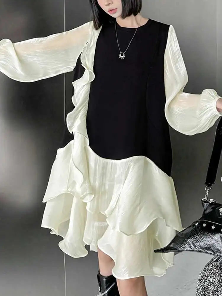 Women Black Ruffles Color-block Big Size Knee-Length Dress New Round Neck Long Sleeve Fashion Spring Autumn 2025 1DH7239