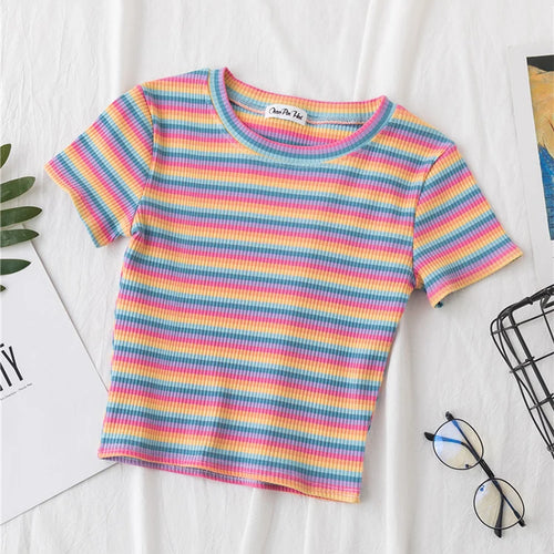 Load image into Gallery viewer, New T Shirt Women Rainbow Striped Tops Slim Fit t shirt Harajuku Tshirt Summer Short Sleeve Korean T-shirt feminina Clothes Tops
