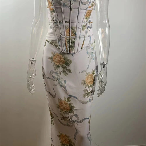 Load image into Gallery viewer, Vintage Print Sexy Maxi Dress Women Gown Summer Off-shoulder Sleeveless Backless Bodycon Club Party Long Dress Elegant
