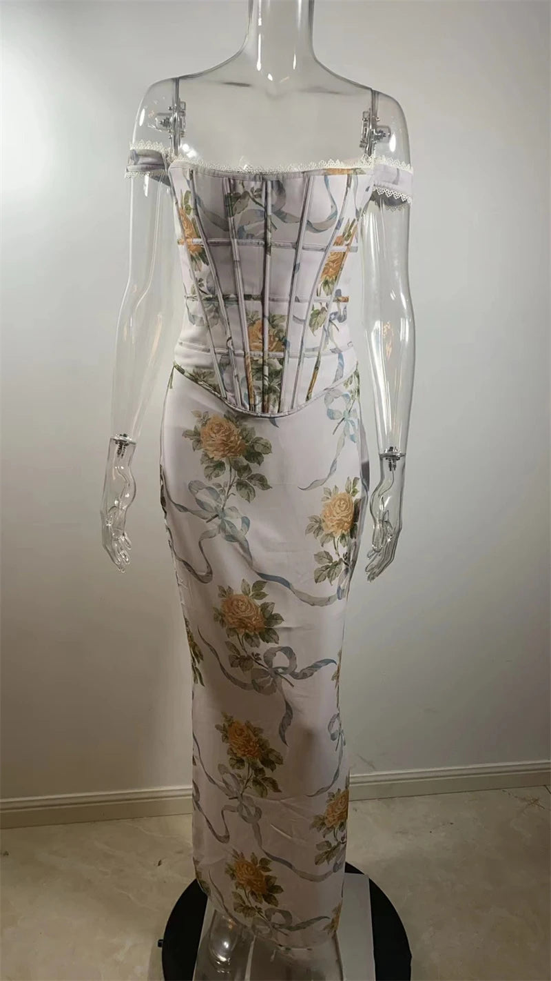Vintage Print Sexy Maxi Dress Women Gown Summer Off-shoulder Sleeveless Backless Bodycon Club Party Long Dress Elegant