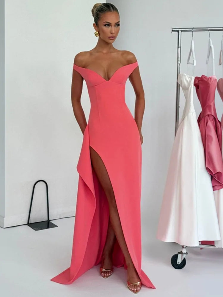Off-shoulder Backless Split Sexy Maxi Dress Women Gown Pink Summer New Zipper Strapless Evening Club Party Long Dress