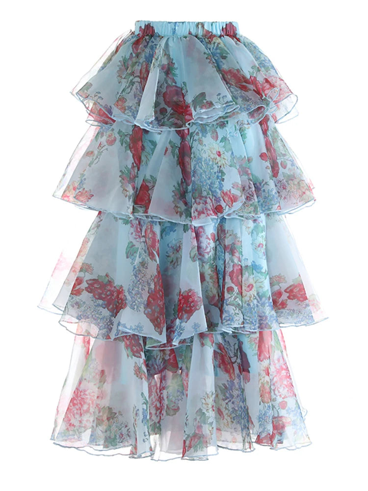 High Elastic Waist Red Printed Organza Layers Cake Half-body Skirt Women Fashion Tide New Spring Autumn 2025 1DJ1174