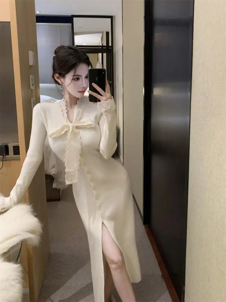Korean 2024 New Women's Patchwork Lace Bow Bandage Dress Autumn Winter Single Breasted Office Lady Slim Split Knitted Dress Chic