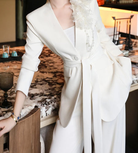 Temperament Two Piece Sets for Women V Neck Long Sleeves Spliced 3D Flower Blazer Wide Leg Pant Set Female Clothing