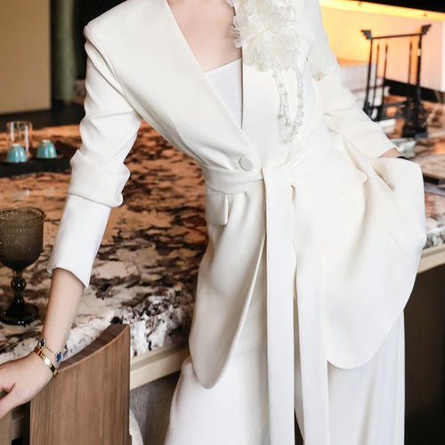 Load image into Gallery viewer, Temperament Two Piece Sets for Women V Neck Long Sleeves Spliced 3D Flower Blazer Wide Leg Pant Set Female Clothing
