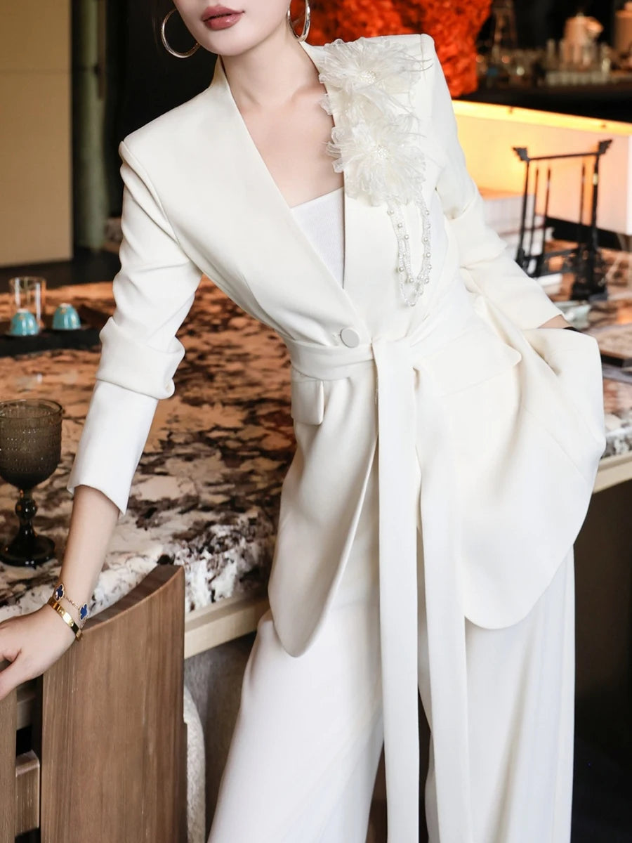 Temperament Two Piece Sets for Women V Neck Long Sleeves Spliced 3D Flower Blazer Wide Leg Pant Set Female Clothing