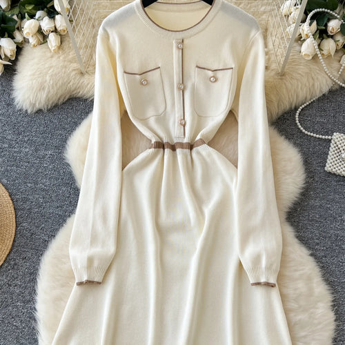 Load image into Gallery viewer, Korean Beige Patchwork Slim Long Sleeve Knitting Midi Dress Women Autumn Winter Round Neck High Waist Elegant Sweater Dress Chic
