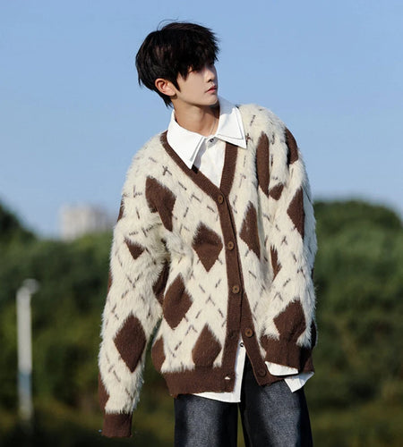 Korean Style Men's Cardigan V-neck Diamond Plaid Contrast Color Knitting Single Breasted Loose Thick Male Sweaters 9C9277