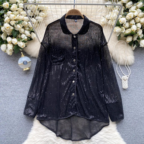 Load image into Gallery viewer, Autumn Solid Lantern Long Sleeve Sequin Shirt Women Fashion Clothing Vintage Loose Versatile Single Breasted Medium Length Tops
