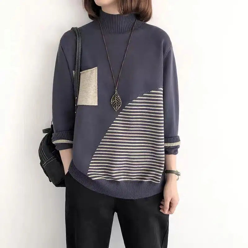 2024 New Women Striped Patchwork Half High Neck Knitted Tops Streetwear Autumn Winter Casual Long Sleeve Pullover Sweater Trendy