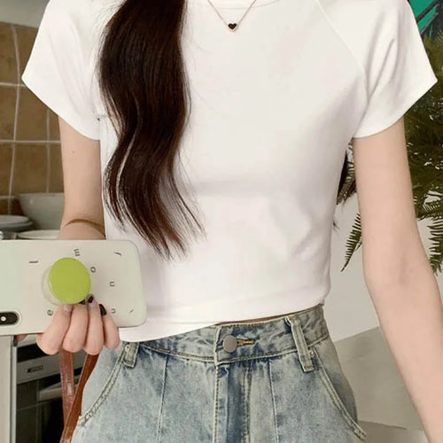 Load image into Gallery viewer, Sexy O Neck Slim T Shirt Women Cotton Elastic Basic Solid Female Casual Korean Tops Short Sleeve Thin T-shirts
