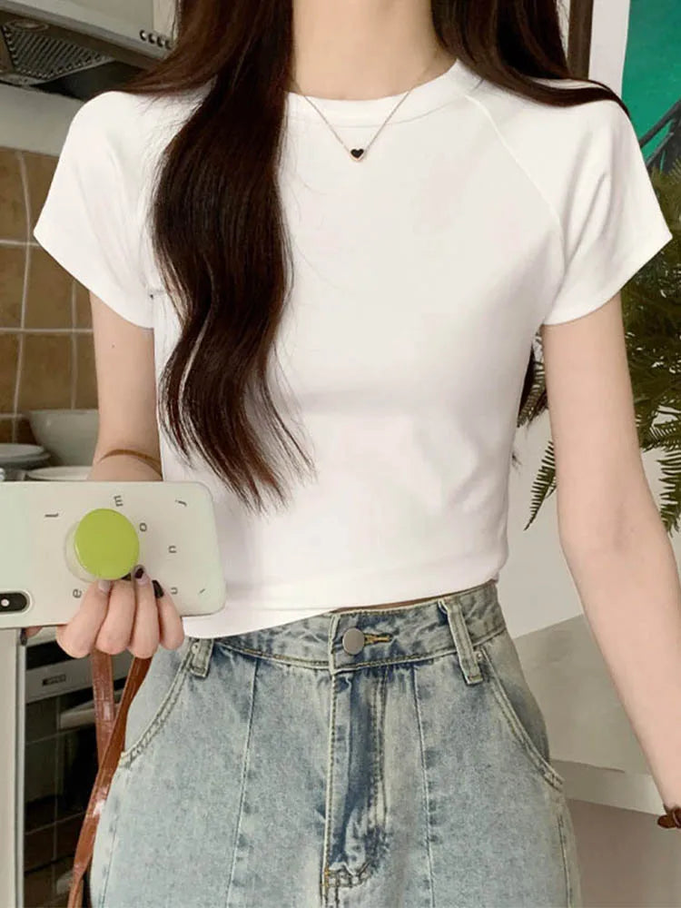 Sexy O Neck Slim T Shirt Women Cotton Elastic Basic Solid Female Casual Korean Tops Short Sleeve Thin T-shirts