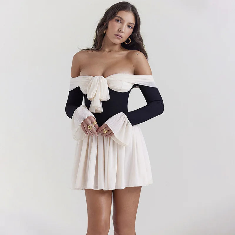 Elegant Strapless Backless Sexy Mini Dress For Women New Off-shoulder Long Flare Sleeve Pleated Club Party Dress
