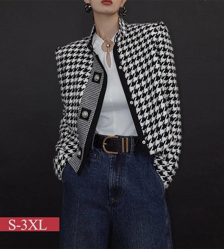 Women's Houndstooth Outerwears & Jacket Stand Collar Long Sleeves Autumn Winter Fall Clothes 2024 Women Classics Coat