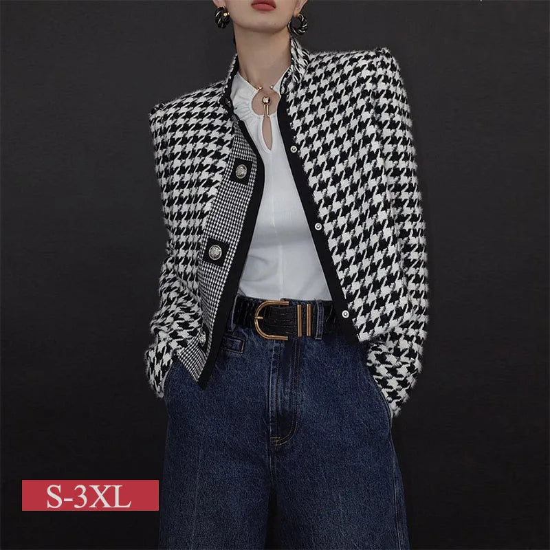 Women's Houndstooth Outerwears & Jacket Stand Collar Long Sleeves Autumn Winter Fall Clothes 2024 Women Classics Coat