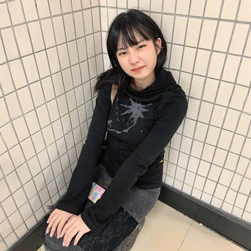 Load image into Gallery viewer, Japanese Y2k Hooded T-shirt Grunge Aesthetics Green Long Sleeve Tee Shirt Vintage Harajuku Hooded Tops 2000s Streetwear
