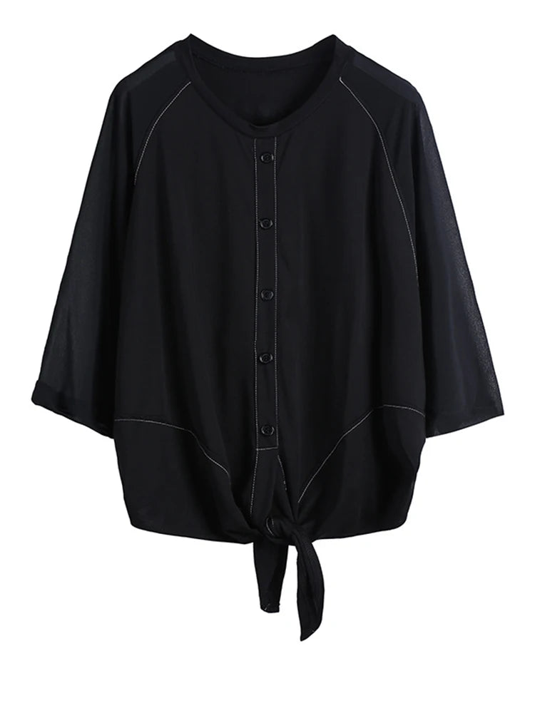 Women White Hem Bandage Big Size T-shirt New Round Neck Three-quarter Sleeve Fashion Tide Spring Autumn 2025 1DJ1828