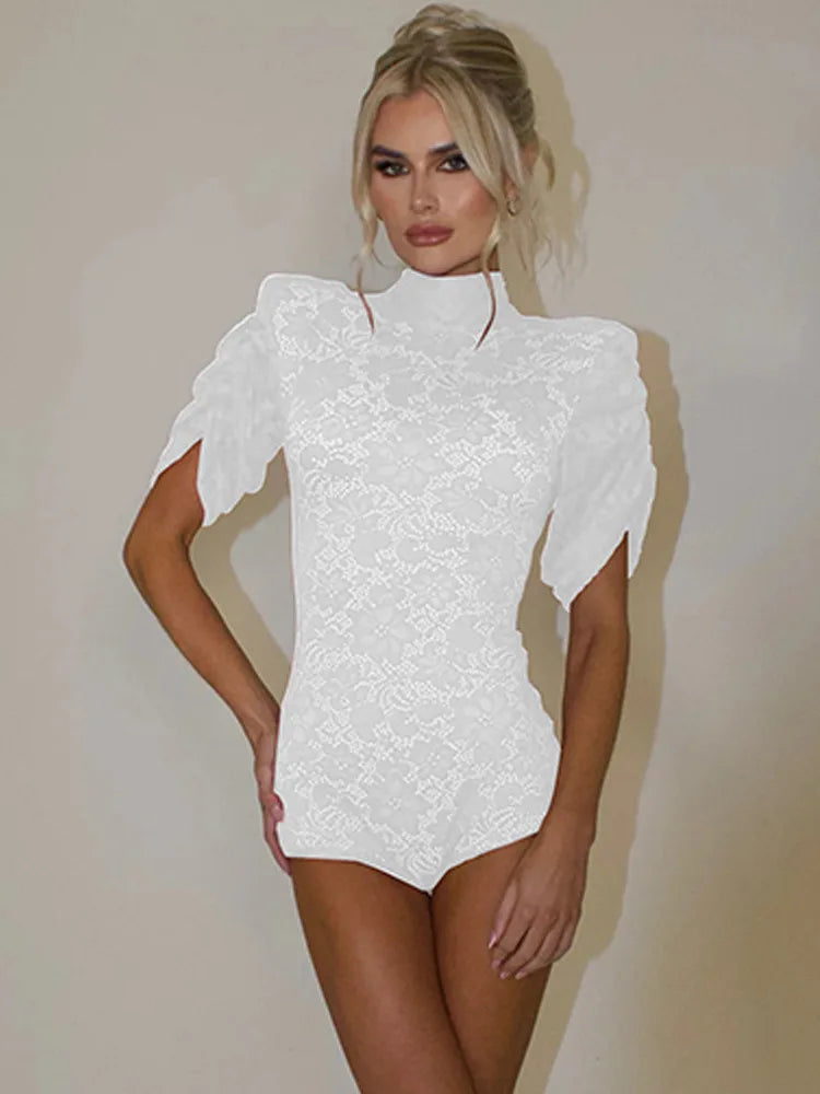 Fashion Lace Splicing Bottom Shirt Women's Tight Jumpsuit Elegant High Collar Half Sleeve Slim Bodysuit Sexy Party Club