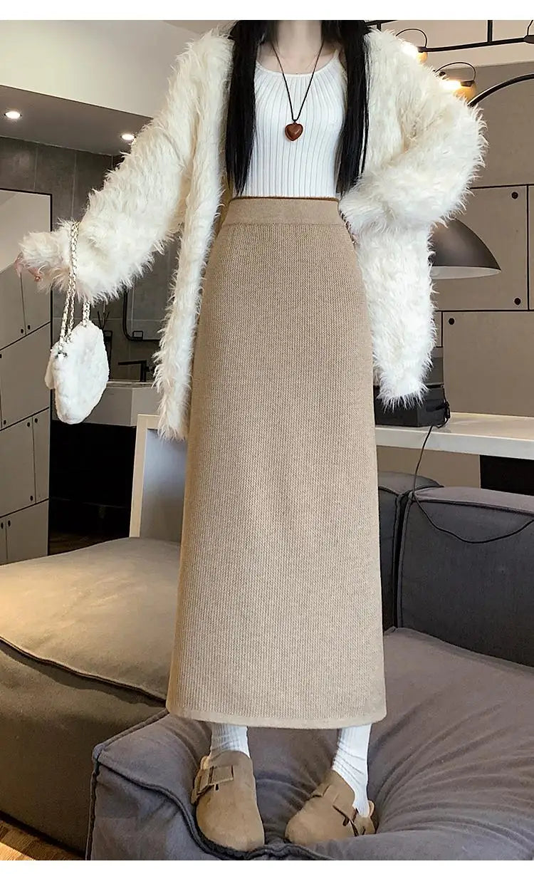 Korean Fashion Solid Velvet Elegant High Waist Festival Long Skirt Autumn Winter Women Slim Straight Knitted Half Skirt 2024 New