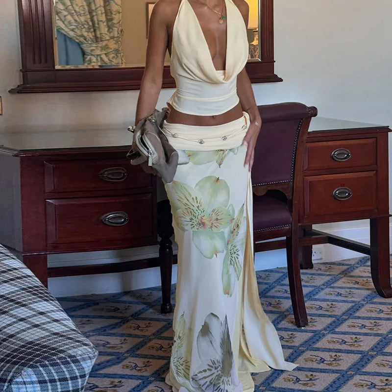 Mesh Print Skirt Two Piece Sets Women Halter Backless Tank Tops And Maxi Skirt Female Slim Summer Split Dress Sets