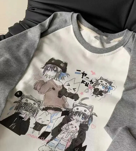 Cotton Anime T Shirts Women's Clothing Y2k Tops Casual Fashion Tees Long Sleeve O-neck Camisetas Streetwear Oversized T-shirts