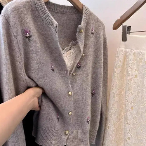 Load image into Gallery viewer, Vintage 2024 New Beige Flower Embroidery Elegant Versatile Knitted Sweater Women Autumn Winter Grey Long Sleeve Cardigan Tops
