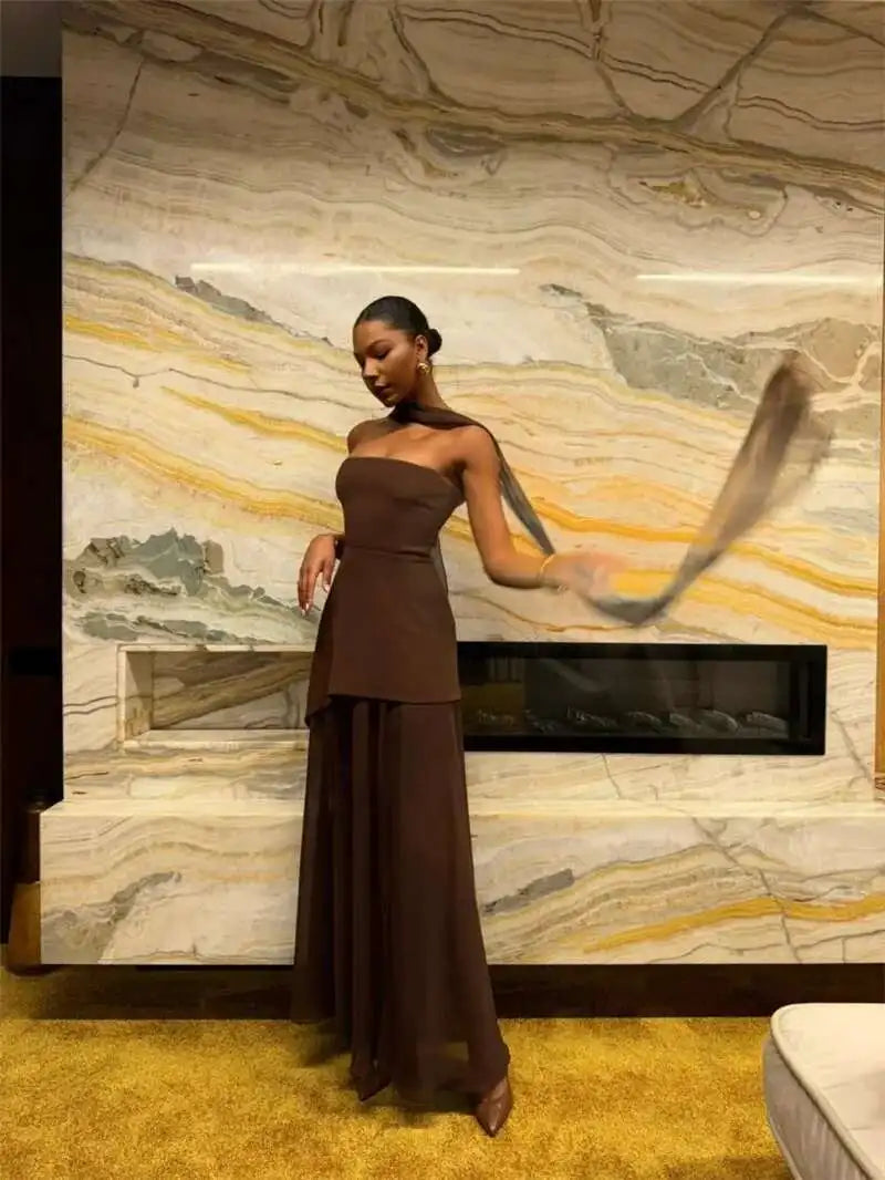 Elegant Strapless Sexy Maxi Dress For Women Gown With Scarf Off-shoulder Sleeveless Backless Split Beach Long Dress