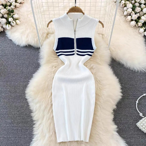 Load image into Gallery viewer, Sexy Women's Black White Stripes Patchwork Zippers Knitted Vest Dress 2024 Spring Summer Office Sleeveless Slim Party Midi Dress
