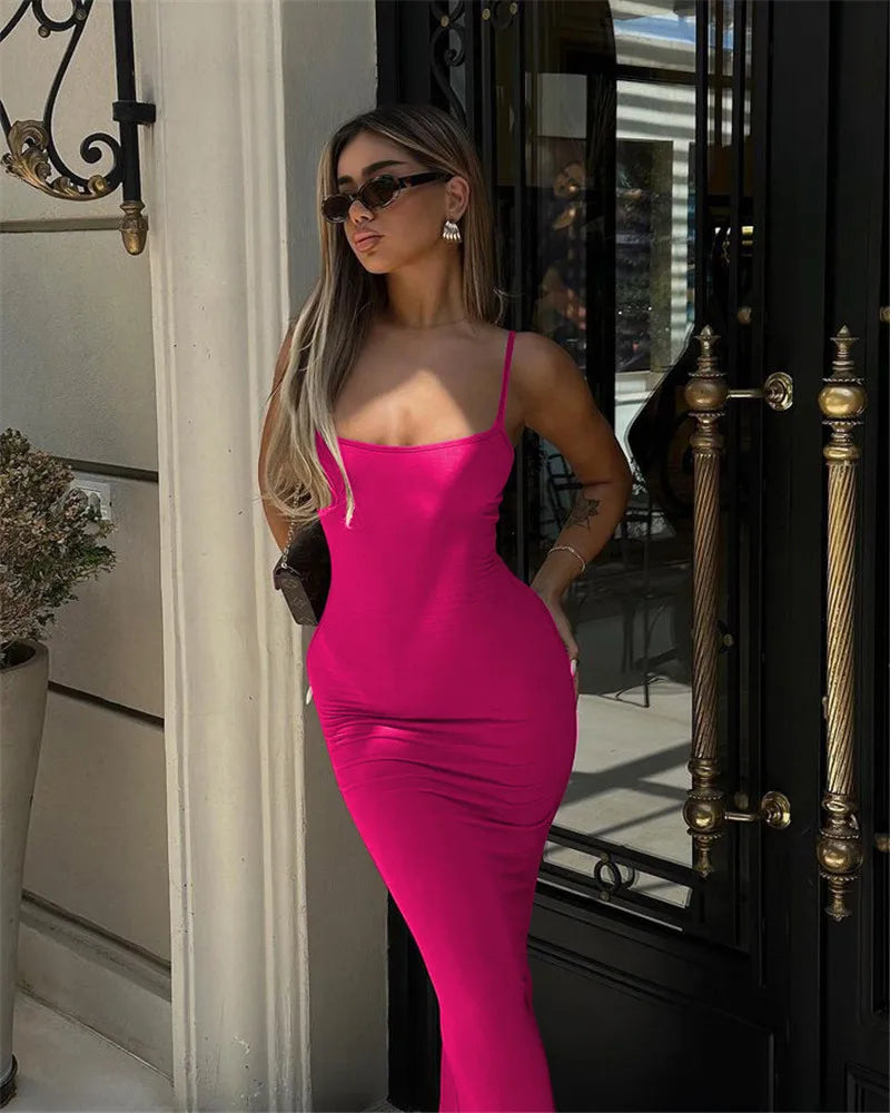 Spaghetti Strap Backless Bodycon Maxi Dress Women Autumn New Thickened Fabric Sleeveless Club Party Sexy Long Dress