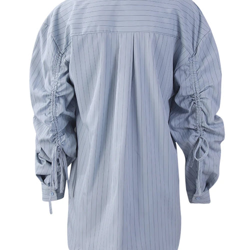 Load image into Gallery viewer, Women Blue Striped Drawstring Slit Big Size Blouse New Lapel Long Sleeve Shirt Fashion Tide Spring Autumn 2025 7AB8101
