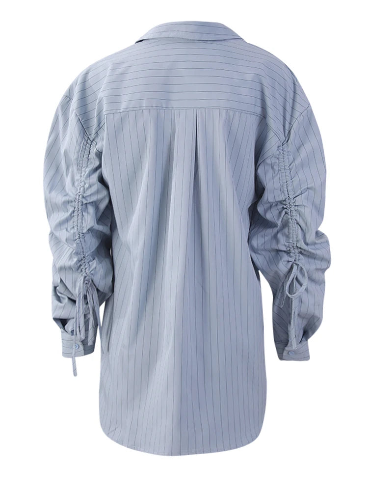Women Blue Striped Drawstring Slit Big Size Blouse New Lapel Long Sleeve Shirt Fashion Tide Spring Autumn 2025 7AB8101