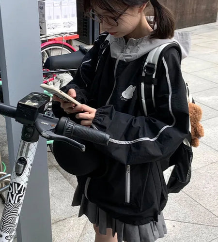 New Streetwear Grunge Contrast Jackets Women Spring Autumn Cartoon Coat Casual Vintage Hoody Y2k Aesthetic Pocket Harajuku Tops