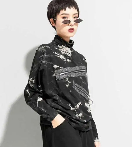 Women Big Size Irregular Zipper Printed  T-shirt New Turtleneck Long Sleeve  Fashion Tide  Spring Autumn 2025 1DD1437