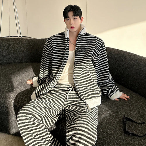 Load image into Gallery viewer, Stylish Korean Striped Suit Men Stand Collar Jacket Loose Wide Leg Straight Casual Pants Lace-up Patchwork Male Set 9C8952
