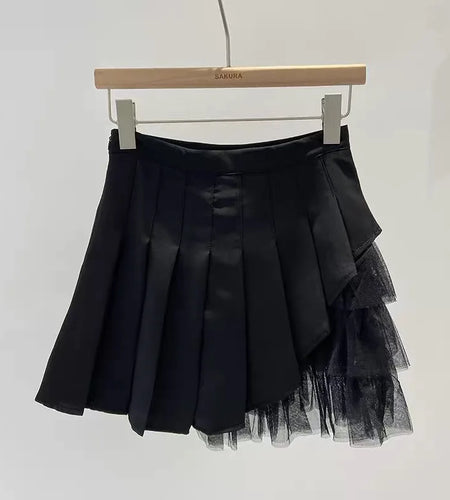Korean 2024 Spring Summer Women Black Mesh Patchwork High Waist Mini Skirt White Sexy Club Girl Party A-line Pleated Short Skirt