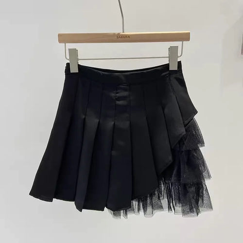 Load image into Gallery viewer, Korean 2024 Spring Summer Women Black Mesh Patchwork High Waist Mini Skirt White Sexy Club Girl Party A-line Pleated Short Skirt
